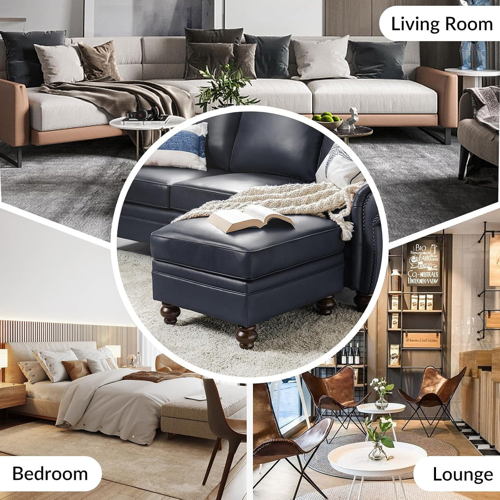 HULALA HOME Genuine Leather Ottoman Coffee Table, Ottoman Foot Rest for Living Room, Navy