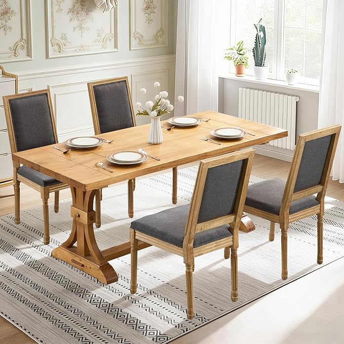 Upholstered Back Dining Chairs Set of 2, French Country Padded Kitchen Chairs, Rustic Solid Wood Farmhouse Chairs for Dining Room & Breakfast Nook, Dark Gray