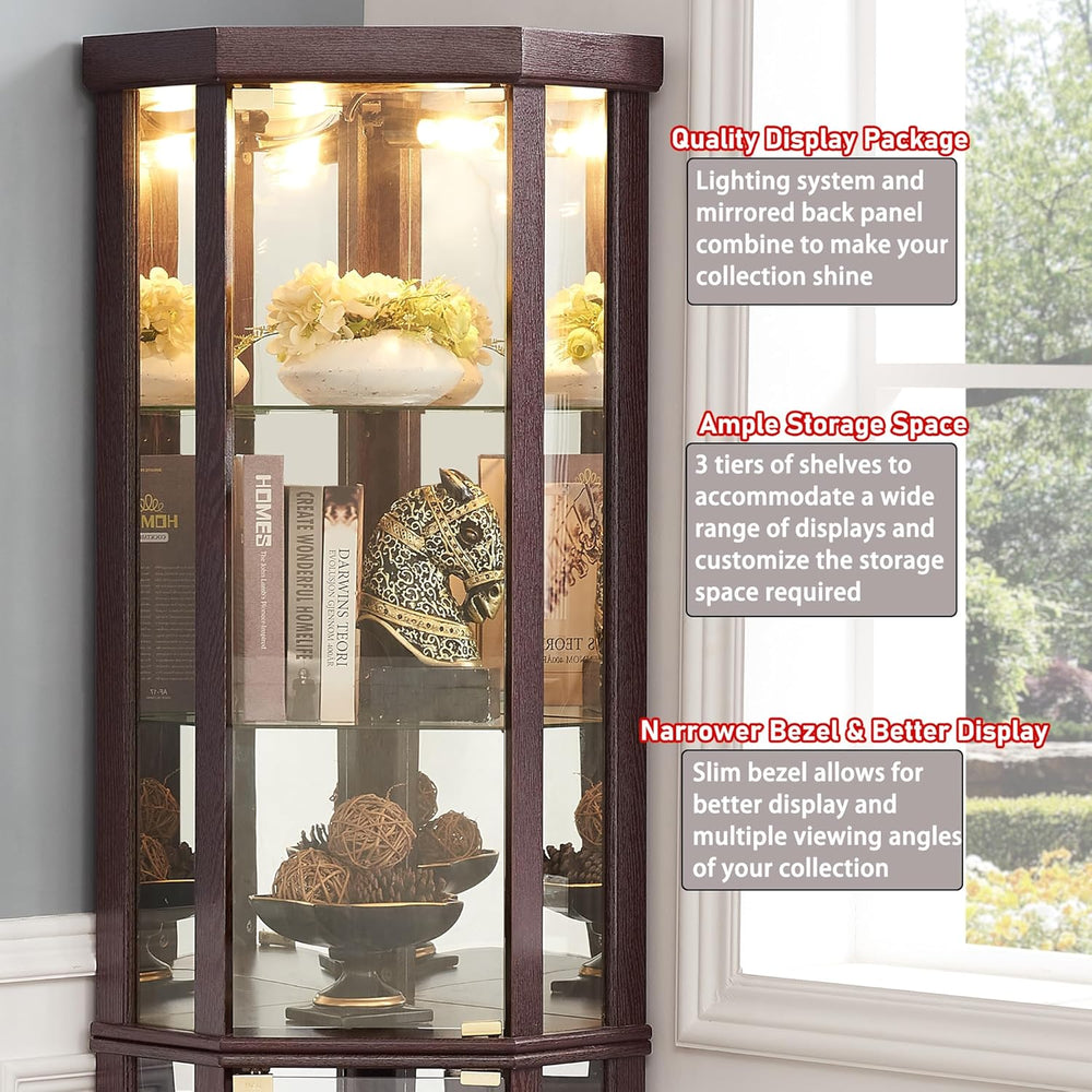 69" H Lighted Corner Display Cabinet, Curio Corner Glass Cabinet w/Adjus...