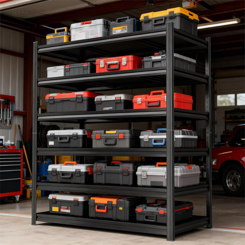 Storage Shelves, Garage Metal Shelving Unit, Adjustable, Double-Layer Column with Reinforced Ribs, Heavy-Duty, Capable of Bearing 600-3600 lbs (Black, 47''W*24''D*77''H, 6-Tier)