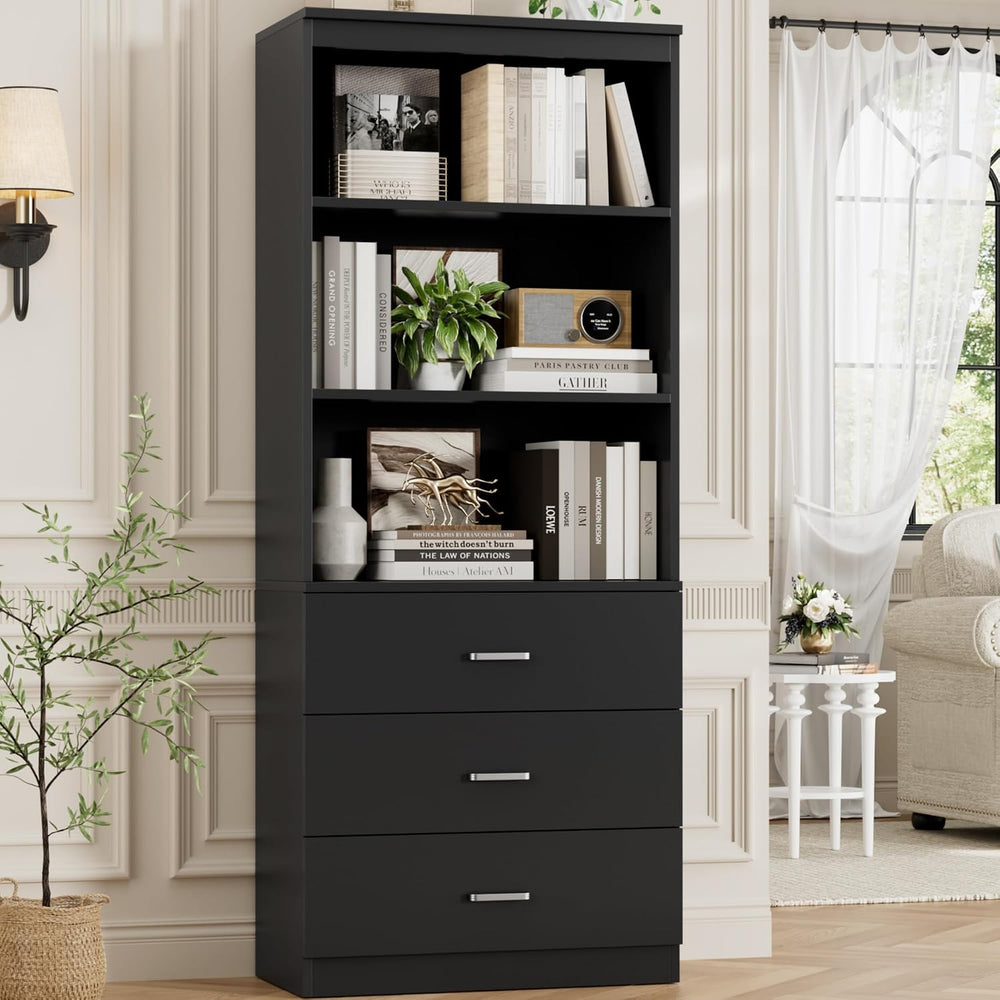 FOTOSOK 71" Black Bookshelf with 3 Drawers, Tall Bookshelf and Bookcase