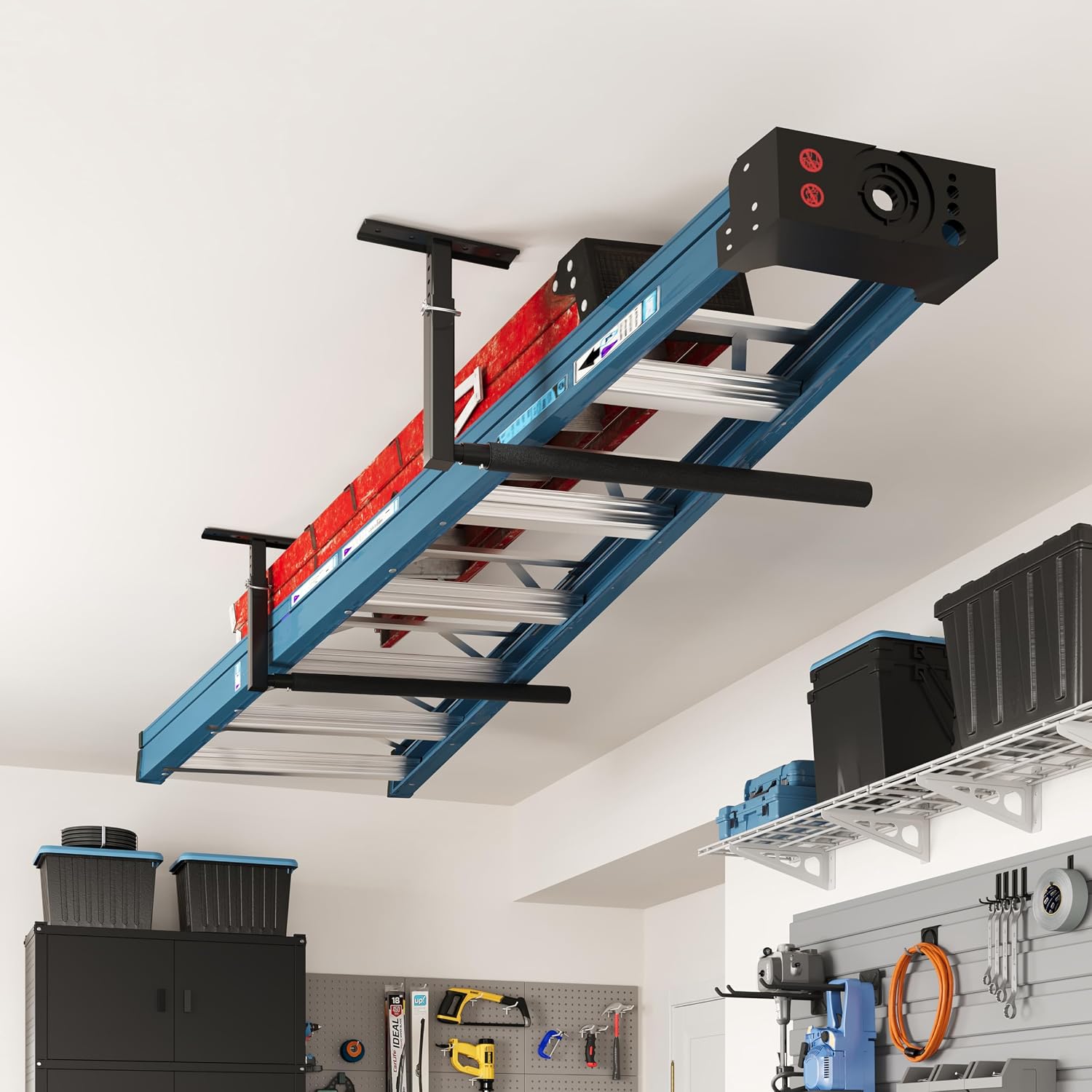 FLEXIMOUNTS Adjustable Overhead Ladder Rack, Garage Ceiling Storage Rack, Ladder Storage Organizer, 35" Extended Arms, 90 lbs Per Arm Heavy Duty Steel Rack for Kayak, Surfboard & Tools