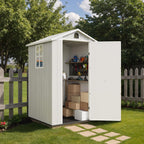 Greesum 4×4FT Plastic Outdoor Storage Shed with Floor, Resin Storaged Sheds with Lockable Door, Window & Vent, All-Weather Tool Sheds for Garden, Backyard, Patio, Light Gray (One-Piece Panel)