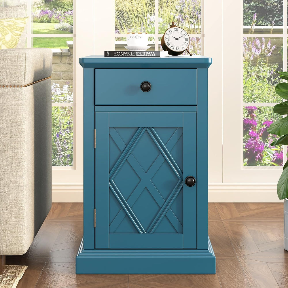 Polibi End Table with USB Ports and Storage, Bedside Table with Artistic Door...