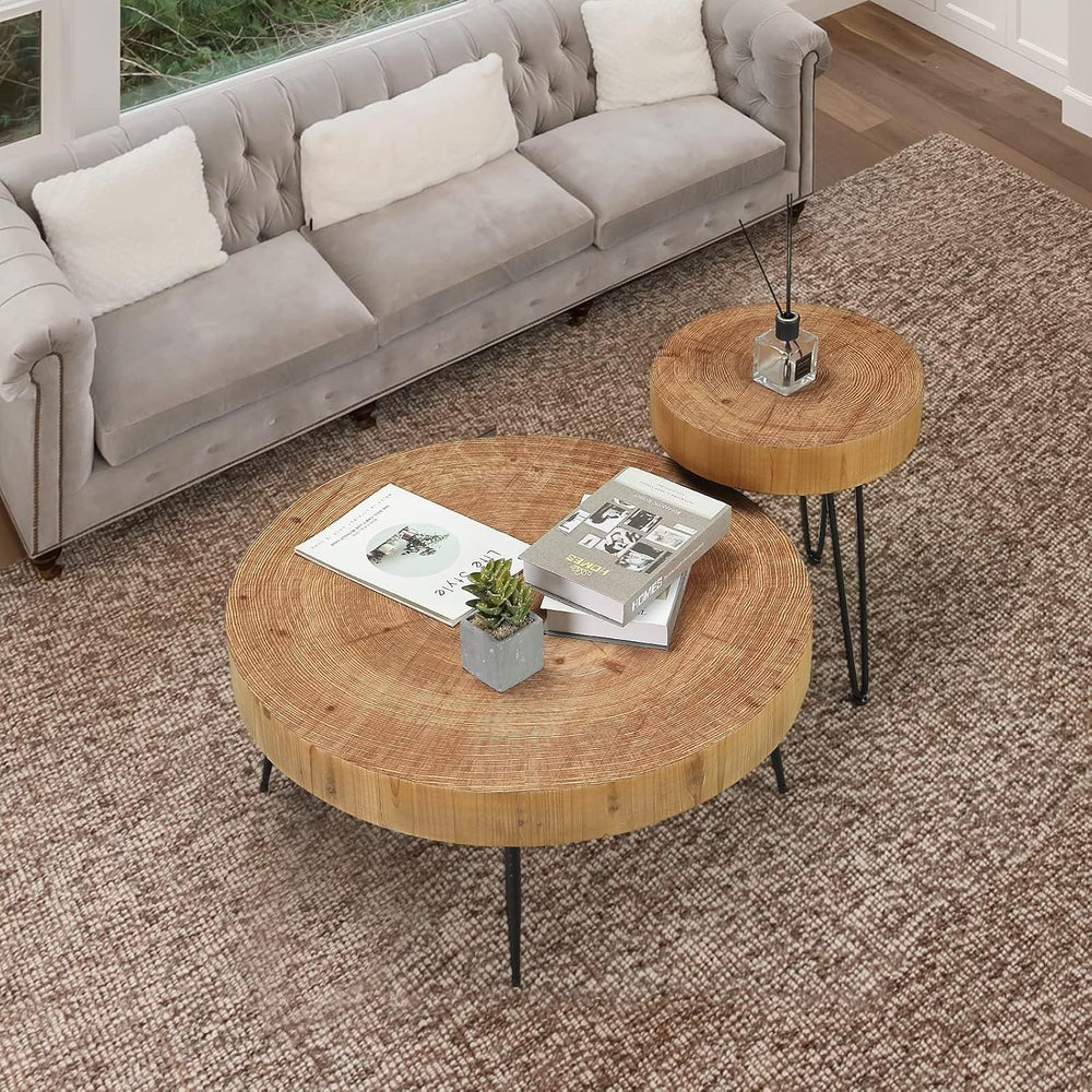 RUSTOWN Farmhouse Round Coffee Table Set of 2, Cocktail Table Sets | Modern C...