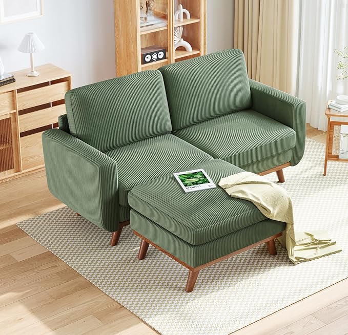 Vesgantti 68" Loveseat Sofa with Movable Ottoman, Comfy Corduroy Couch with Spring Cushion, Sofa Couch with Solid Wood, Modern Office Sofa with Deep Seat for Living Room and Bedroom, Green