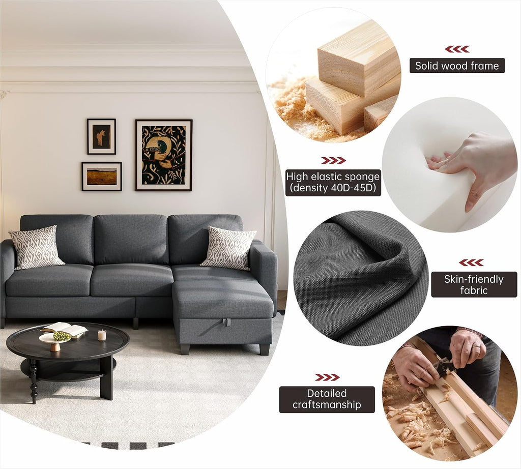 Youmumeub 78" Sectional Sofa Couches for Living Room, 3 Seat L Shaped Convertible Couch with Storage Ottoman, Comfortable Pet-Friendly Linen Sofa Set for Small Space, Apartment, Office, Dark Grey