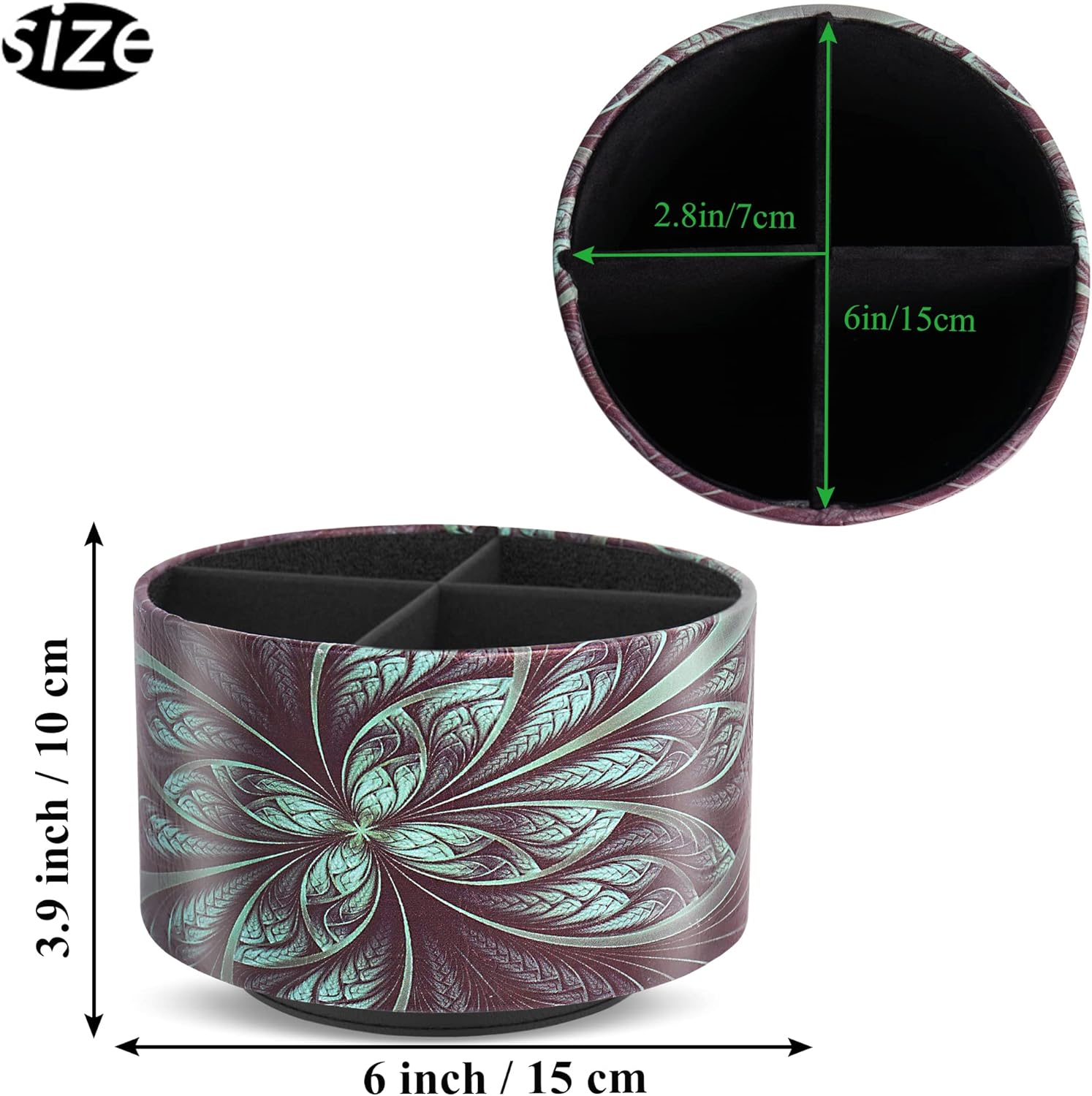 lizimandu Round Leather Art Supply Organizer,Remote Control Holder,360 Degree Rotating,Multi-Functional Pencil Holder,4 Compartments Desktop Stationary Organizer(1-Green Flower)