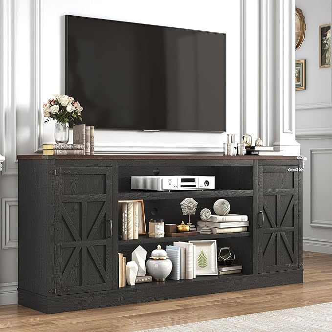 75" Farmhouse TV Stand with Power Outlets for 85 Inch TVs, 33" Tall Entertainment Center with Storage Cabinets w/Adjustable Shelves, Rustic Large TV Media Console, Black