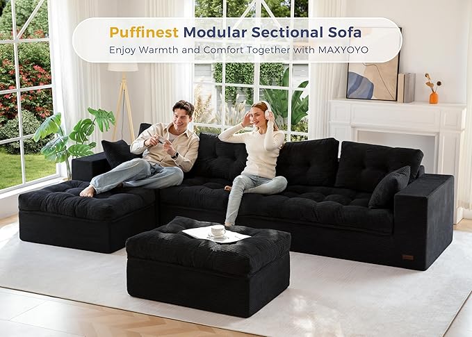 MAXYOYO 132" U Shaped Modular Sectional Sofa with 2 Ottomans, Cloud Boneless Couch with Layered Cushion, Flexible Module Combination Sofa for Living Room, No Assembly Required, Black