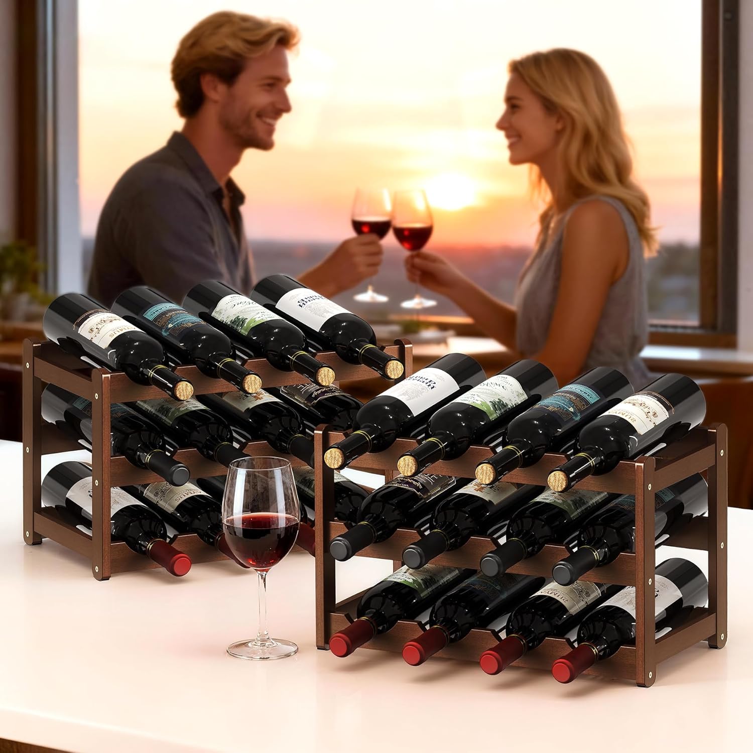 Wine Rack Bamboo Wine Racks Countertop,Sturdy Wine Rack for Inside Cabinet & Freestanding Floor,2 Set of 3-Tier 12 Bottles Racks for Kitchen,Cabinets,Home Bar,Wine Storage Racks(3-Tiers)