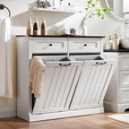 Double Tilt Out Trash Cabinet, 20 Gallon Farmhouse Laundry Hamper Cabinet with 2 Drawers, Hidden Wooden Trash Can Cabinets with Storage Basket for Kitchen, Living Room (Antique White)