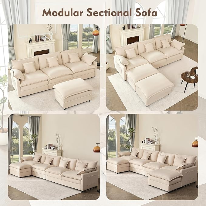 108" U Shaped Couch, Modular Sectional Sofa, 3-Seater Comfy Cloud Couch, Set of Modular Pieces with Movable Ottoman, Deep Seat Couches for Living Room, Linen, Beige