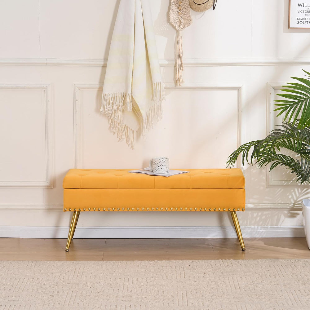 40" Mustard Yellow Velvet Storage Bench with Gold Legs Nailhead Trim | T...