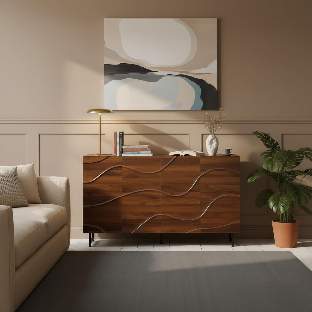 Modern Sideboard with Wave Relief Design, 59 Inch Solid Wood Storage Cabinet ...