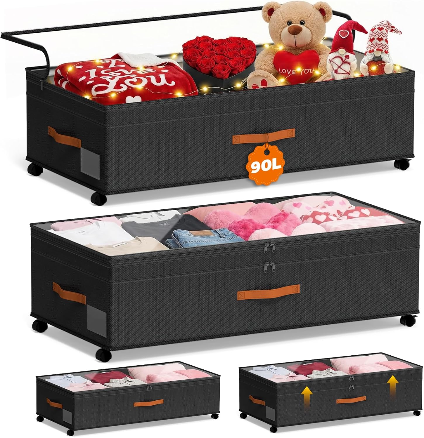 Under Bed Storage with Wheels, 35.5 inches Underbed Storage Large Capacity Under Bed Rolling Containers, 2 Pack Under the Bed Storage for Clothes, Shoes, Blankets (Deep Black)