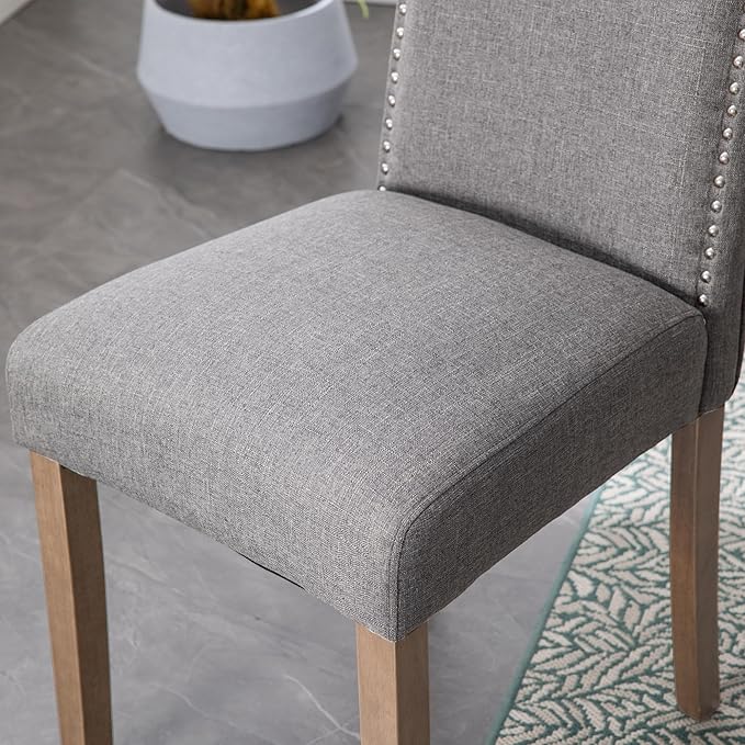 Upholstered Dining Chair Modern Stylish Parsons Kitchen Diner High Back with Silver Nailhead Trim & Wood Legs, Set of 4, Fabric Classic Grey