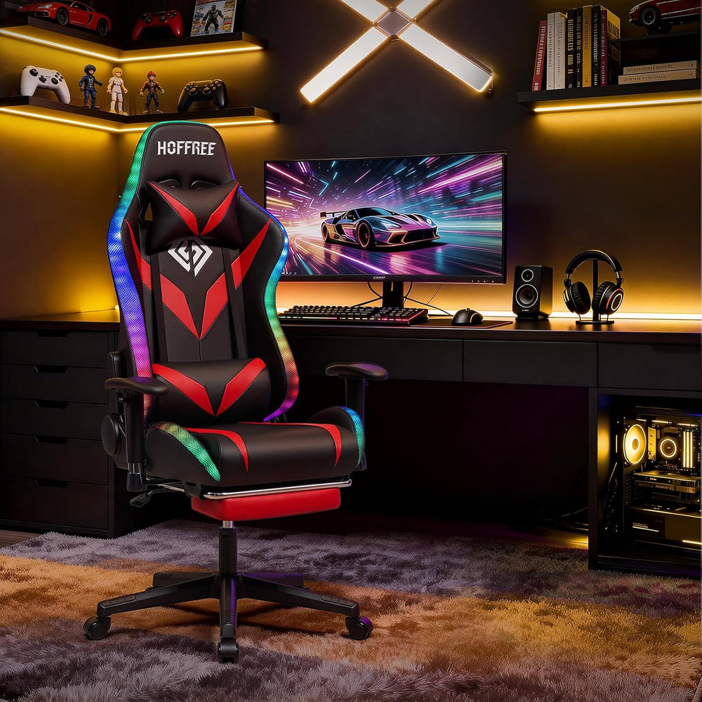 Led Gaming Chair with Speakers Massage 165° Reclining Computer Chairs-Red | R...