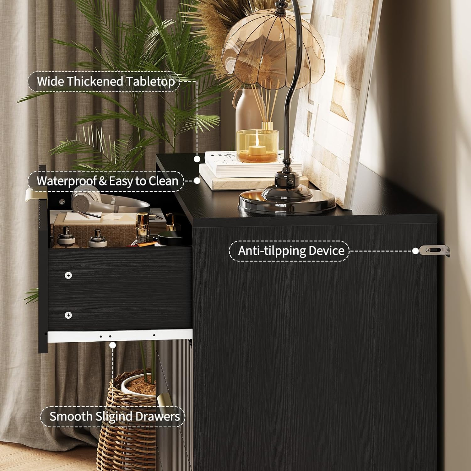 Garvee Fluted Dresser for Bedroom with 4 Drawers,32" Wide Modern Chest of Wooden Bedroom Chest with Metal Handle,Wide Clothes Storage Organizer,Closet Dresser & TV Stand for Living Room,Hallway,Black