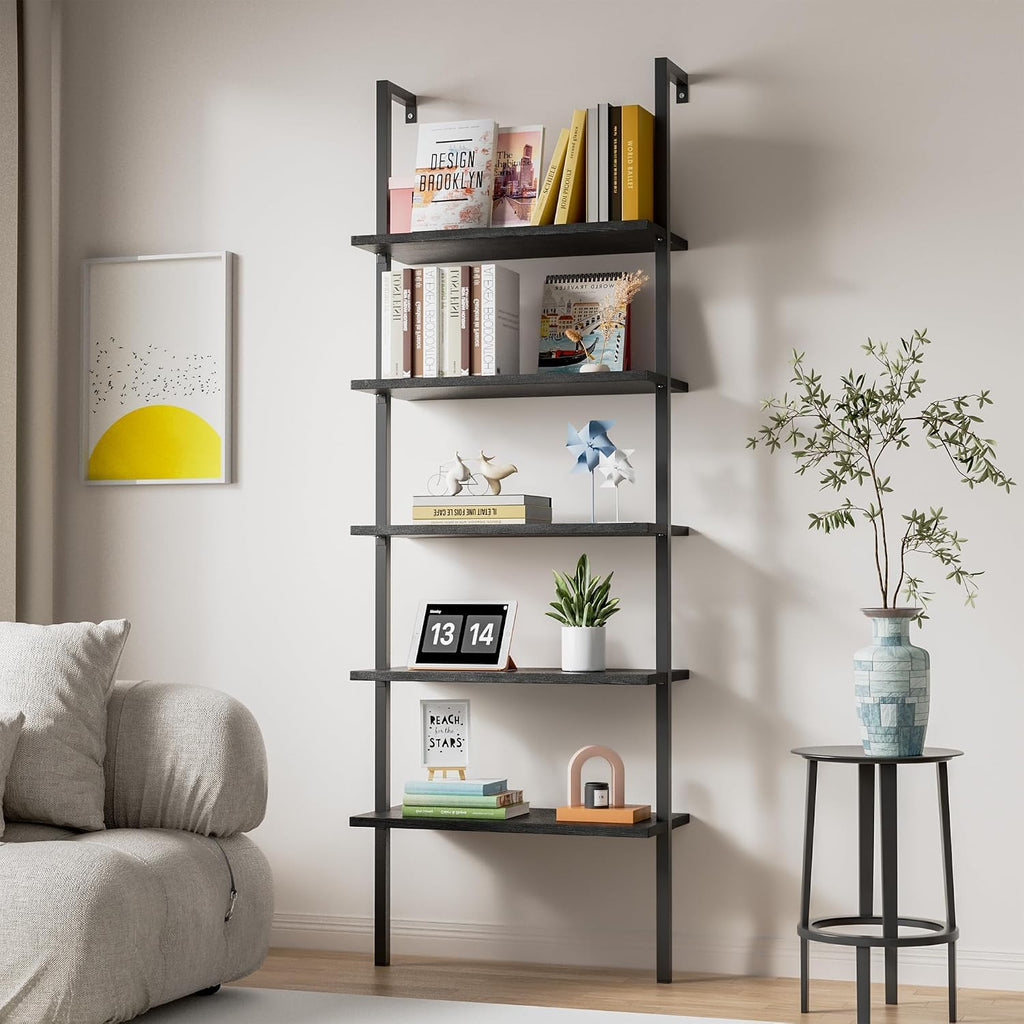 Flamaker 5-Tier Bookshelf Wall Mount Ladder Bookcase Industrial Standing Corner Bookshelf with Wood Board and Metal Frame, Modern Tall Narrow Storage Organizer for Home Office (Black, 2 piece)