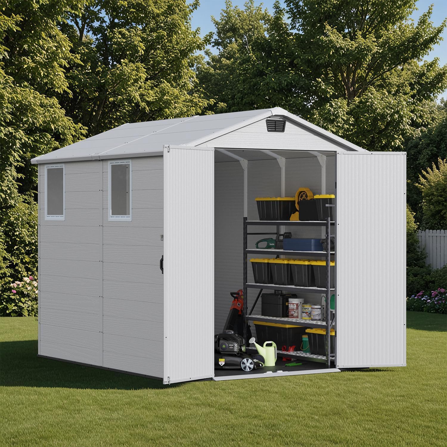 Patiowell 6x8 FT Outdoor Storage Shed with Floor, Resin Garden Tool Shed with Lockable Door & Windows, Weather-Resistant for Lawn Mower, Patio Furniture, Backyard Storage (Light Gray)
