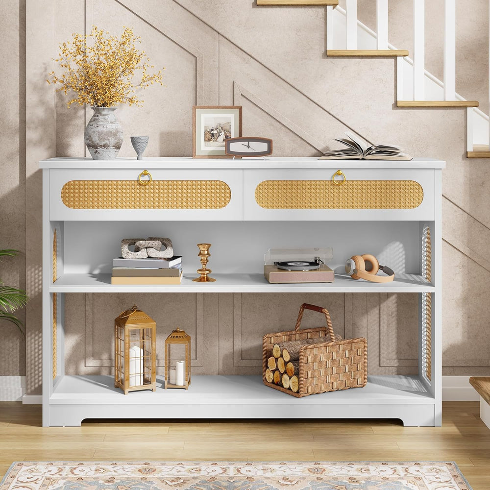 Hoctieon Rattan Console Table with 2 Drawers, 3-Tier Boho Woven Entryway Tabl...