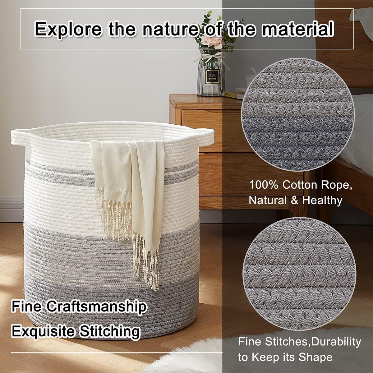 OIAHOMY 115L Laundry Baskets Hamper with Handles, Decorative Basket for Living room, Woven Storage Basket for Toys Bin,Pillows, Blankets, Clothes-20x22.5in-Gradient Grey