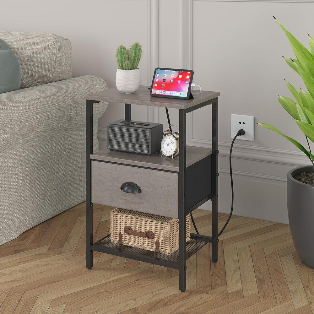 sthmec Nightstands Set of 2, Night Stands with Charging Station and Fabric Dr...