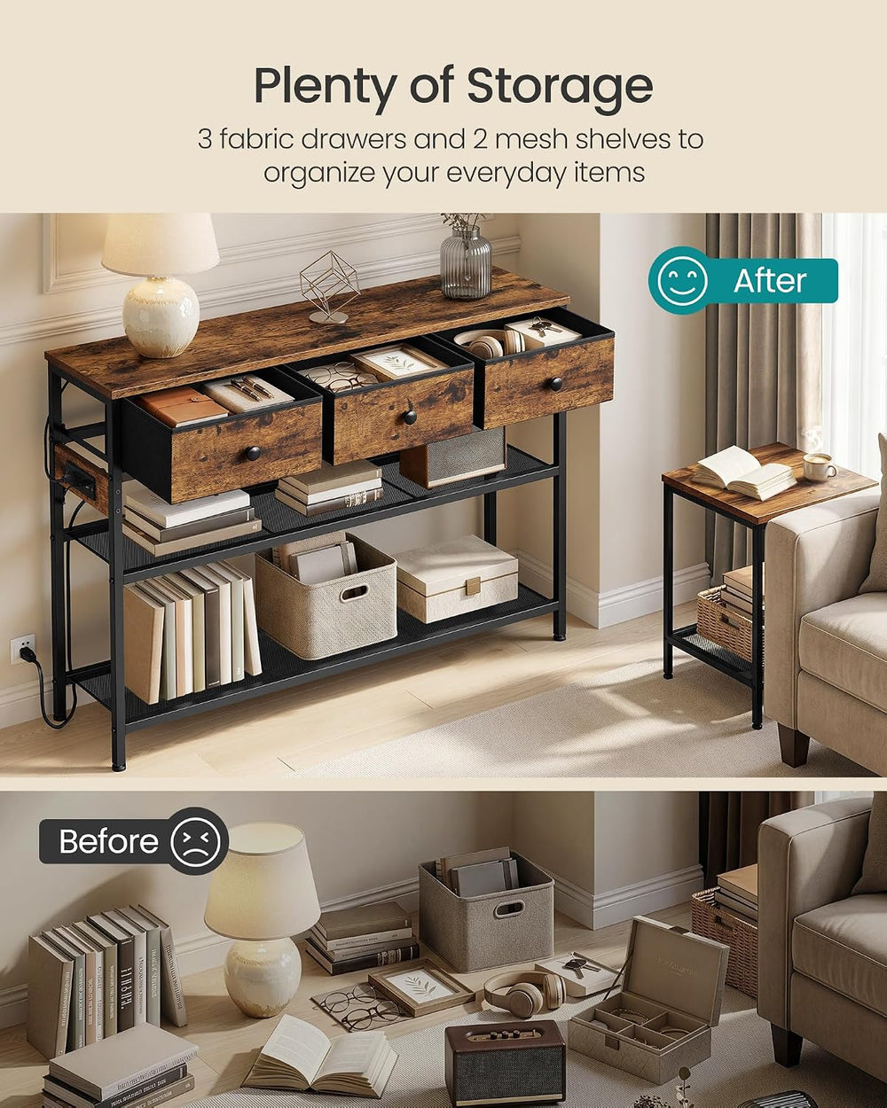 SONGMICS Console Table with Charging Station, Narrow Sofa Table with LED Ligh...