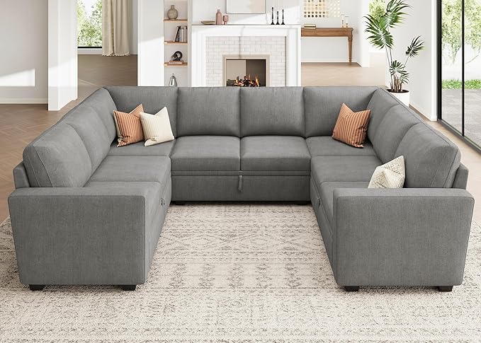 HONBAY Modular Sectional Couch with Pull Out Bed, Chenille Sleeper Sofa with Storage Seats, U Shaped Sectional Couches for Living Room, Warm Grey