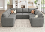 HONBAY Modular Sectional Couch with Pull Out Bed, Chenille Sleeper Sofa with Storage Seats, U Shaped Sectional Couches for Living Room, Warm Grey