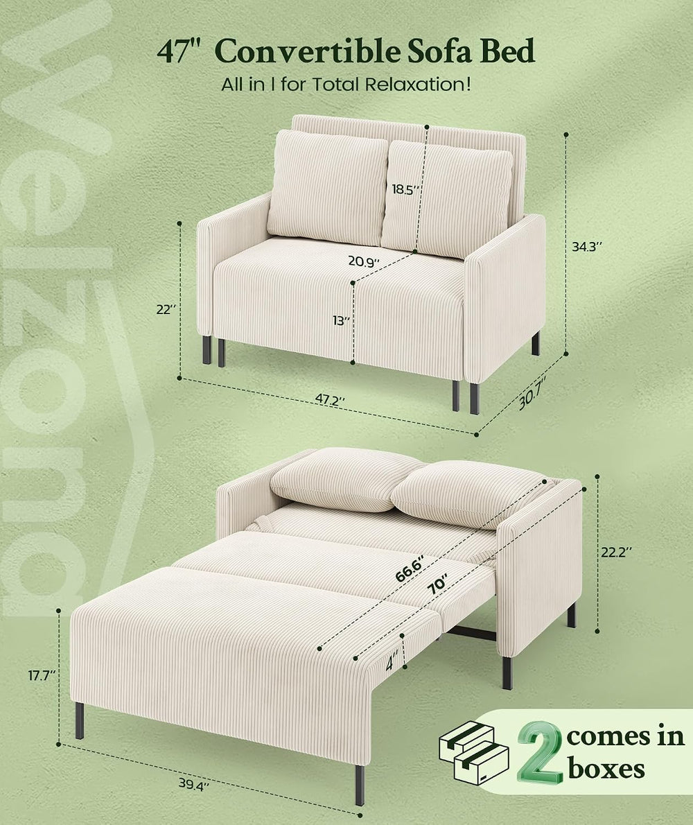 Welzona Loveseat Sleeper Sofa 47", Convertible Sofa Bed, Corduroy Love s...