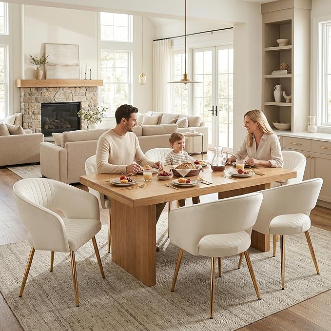 Cream Velvet Dining Chairs Gold Legs, Modern Dining Room Chairs with Arms Set of 2 Upholstered Accent Chair Armchair with Barrel Back for Kitchen Living Room