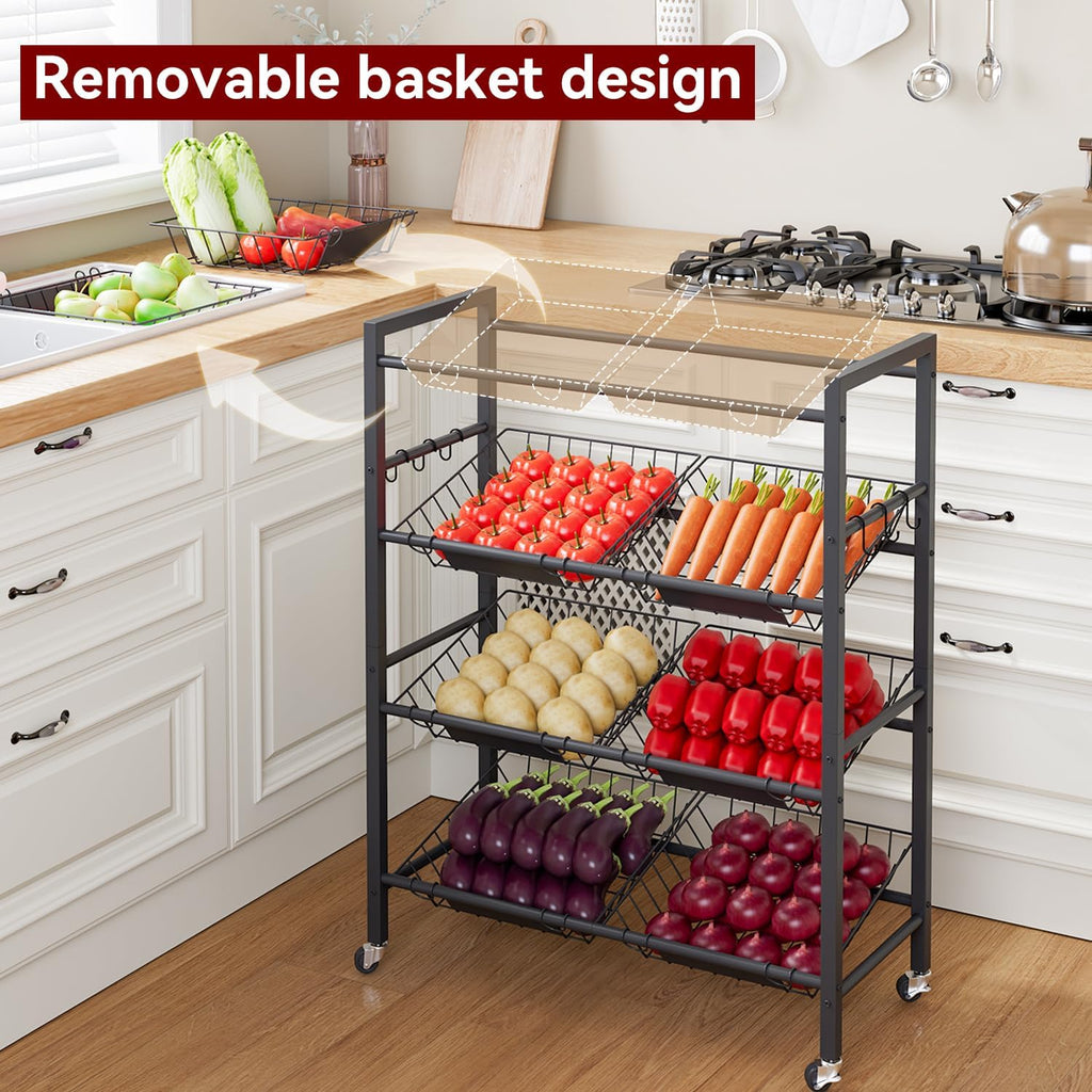 IBUYKE Kitchen Fruit Vegetable Storage Cart,Utility Cart,Black,TLJ025B | 25.2" W Metal Rolling Snack Cart with 8 Removable Basket,Pantry Cart with Wheels for Veggie Onion Potato Bin