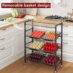 IBUYKE Kitchen Fruit Vegetable Storage Cart,Utility Cart,Black,TLJ025B | 25.2" W Metal Rolling Snack Cart with 8 Removable Basket,Pantry Cart with Wheels for Veggie Onion Potato Bin