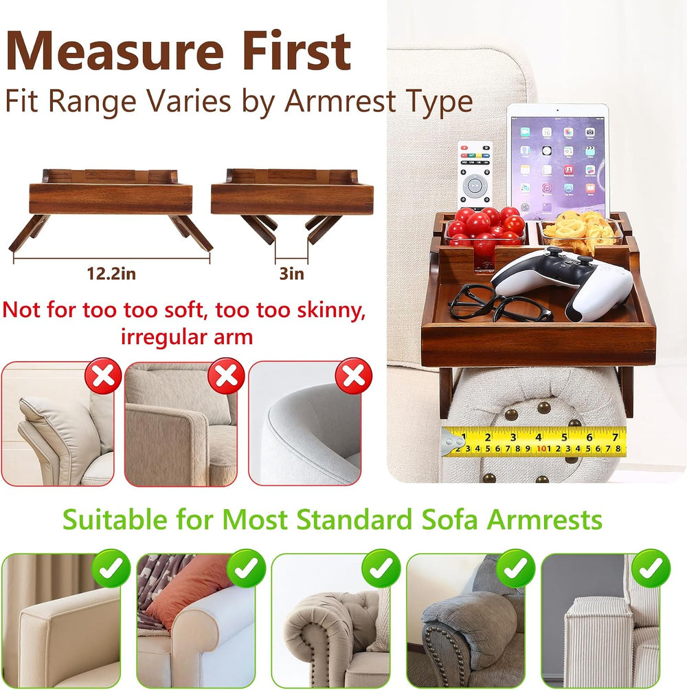 Couch Arm Table with Dual Cup Holders, Acacia Wood Sofa Arm Tray | Fits armle...