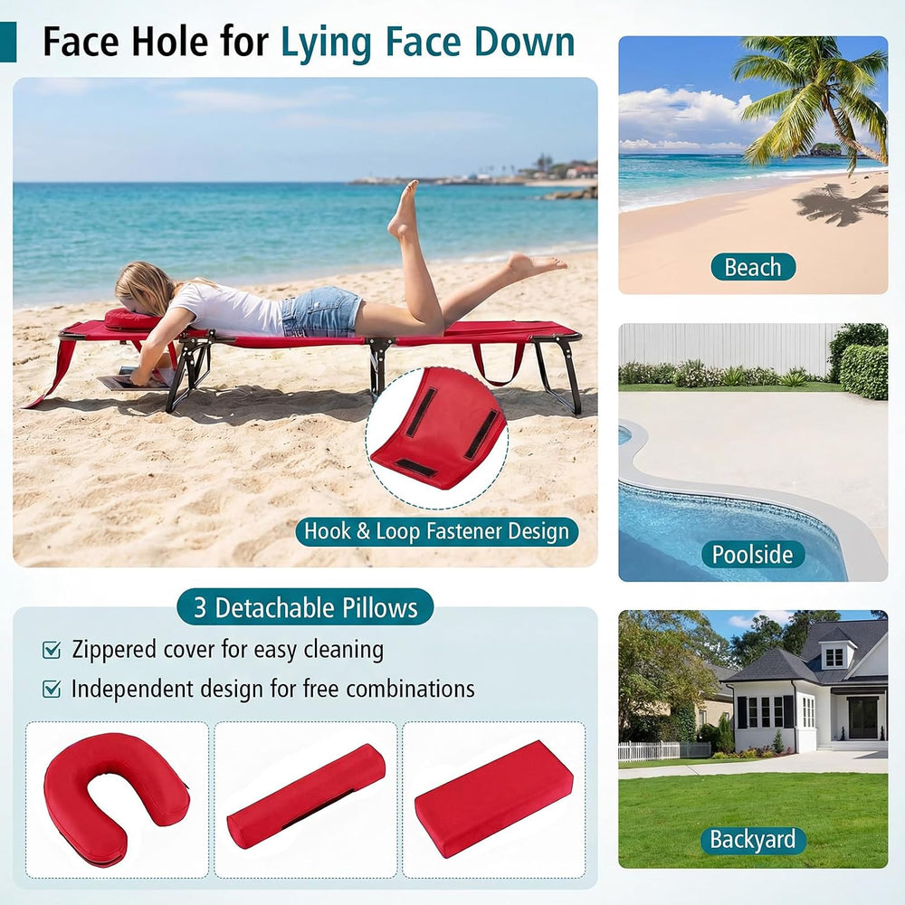Goplus Tanning Chair, Folding Beach Lounge Chair with Face Hole, Removable Pi...
