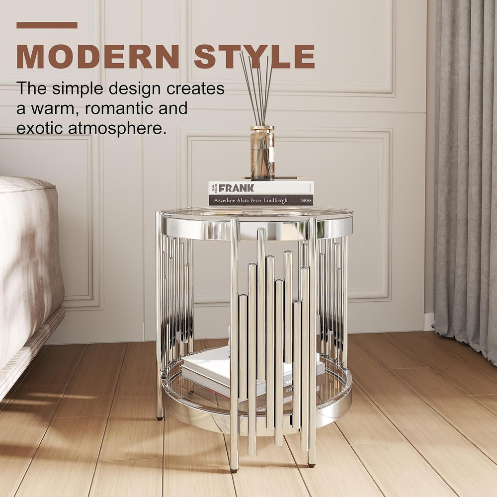 Round Glass End Table, 2-Tier Small Side Table with Tempered Glass Top and Sl...