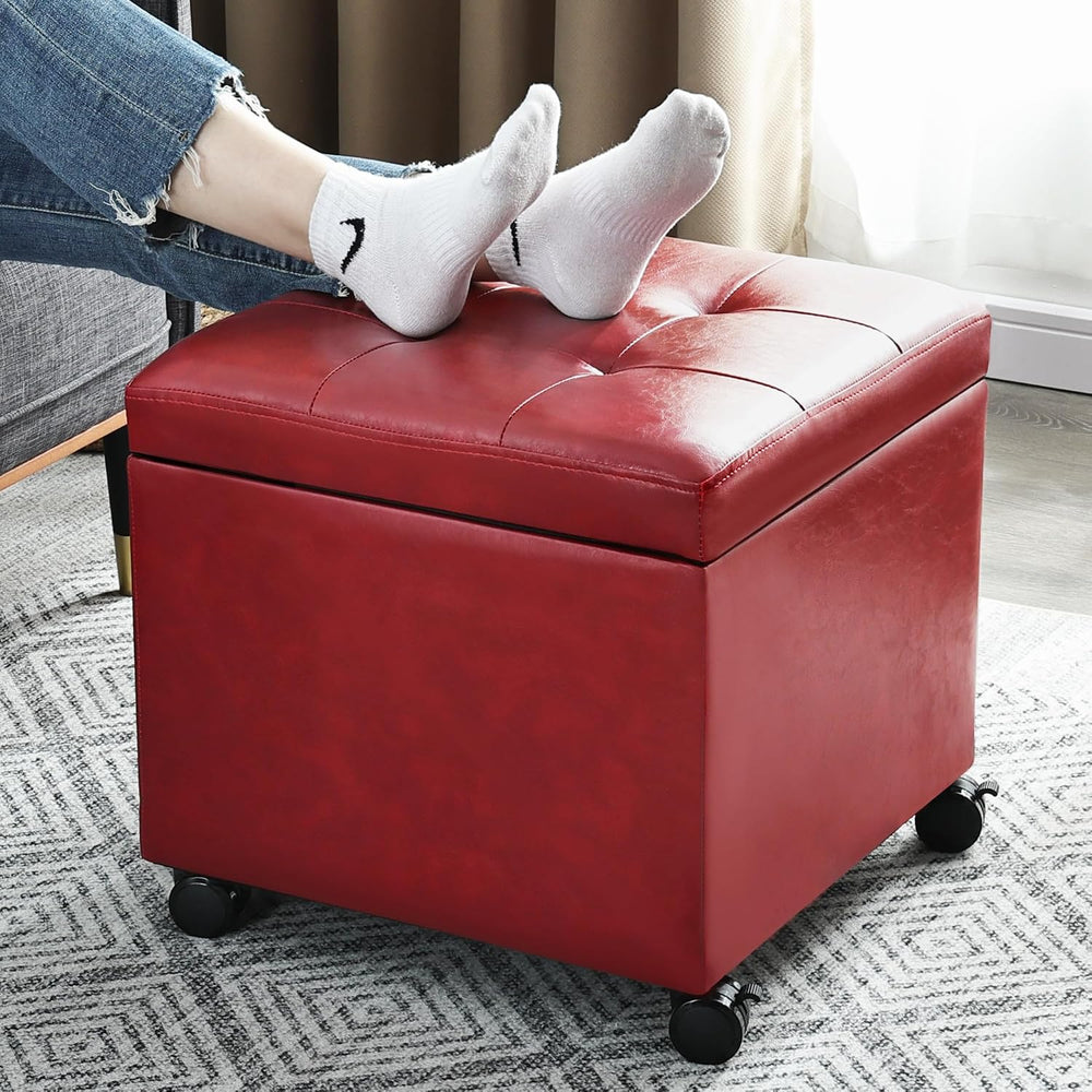 Homebeez Storage Ottoman with Rolling Wheels, PU Leather Tufted Cube Footrest...
