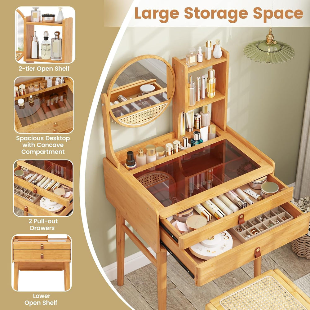 GOFLAME Bamboo Vanity Table with Adjustable Mirror, Small Makeup Vanity with ...