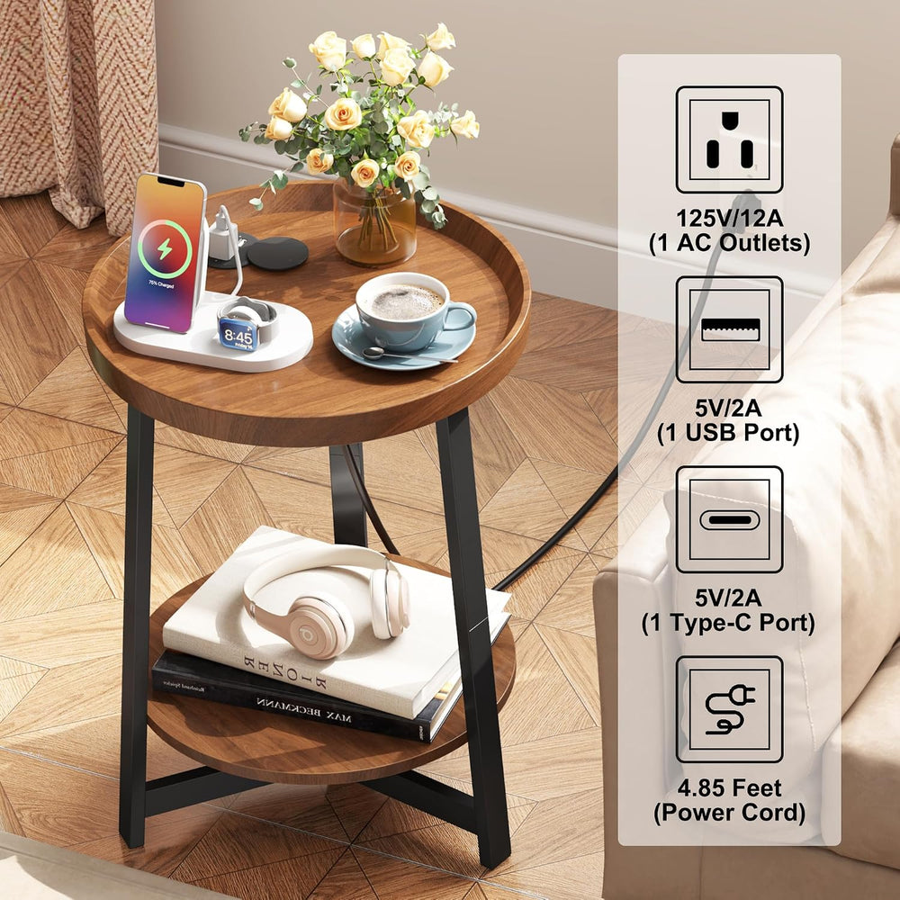 2-Tier Round End Table with Charging Station and Industrial Sofa Side Table,R...