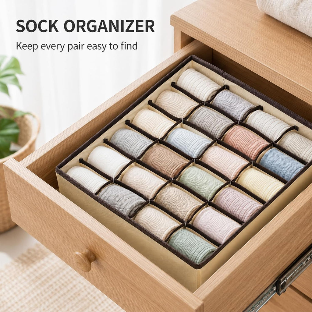 24 Cell Sock Drawer Organizer Divider, Foldable Underwear Drawer Organizer for Clothes, Closet Organizers and Storage Box for Ties, Belts, Lingerie, 12.5x12.5x3.9in(White)