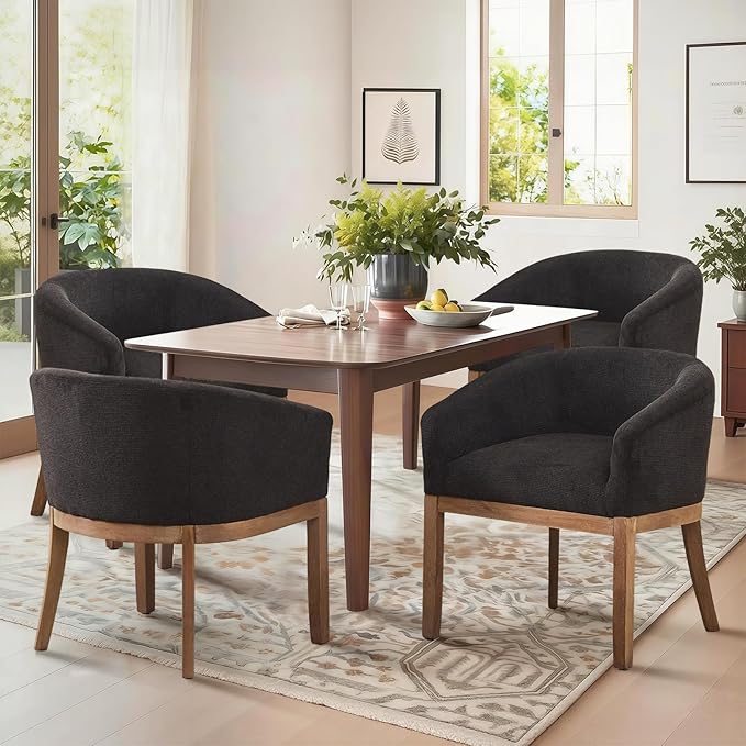 SoarFlash Mid Century Modern Upholstered Barrel Dining Chairs Set of 6, Farmhouse Linen Kitchen and Dining Room Chairs, with Natural Hardwood Frame (Black)