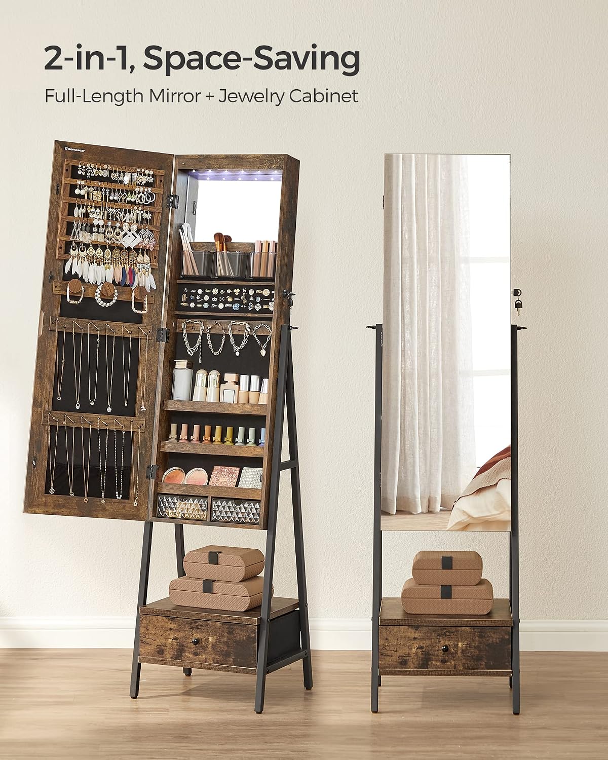 SONGMICS LED Cabinet Standing, Lockable Jewelry Armoire with Full-Length Mirror, Space-Saving Jewelry Organizer with Mirror, Bottom Drawer and Shelf, Gift Idea, Rustic Brown UJJC025X01