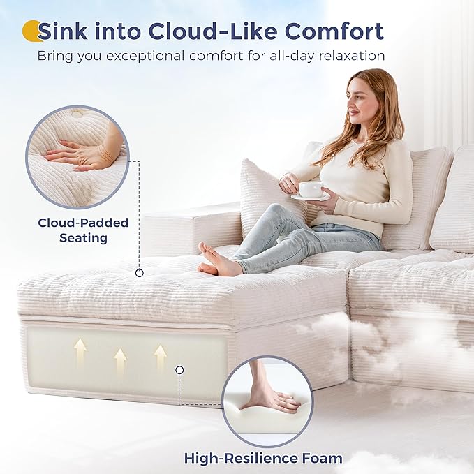 MAXYOYO 132" U Shaped Modular Sectional Sofa with 2 Ottomans, Cloud Boneless Couch with Layered Cushion, Flexible Module Combination Sofa for Living Room, No Assembly Required, Beige