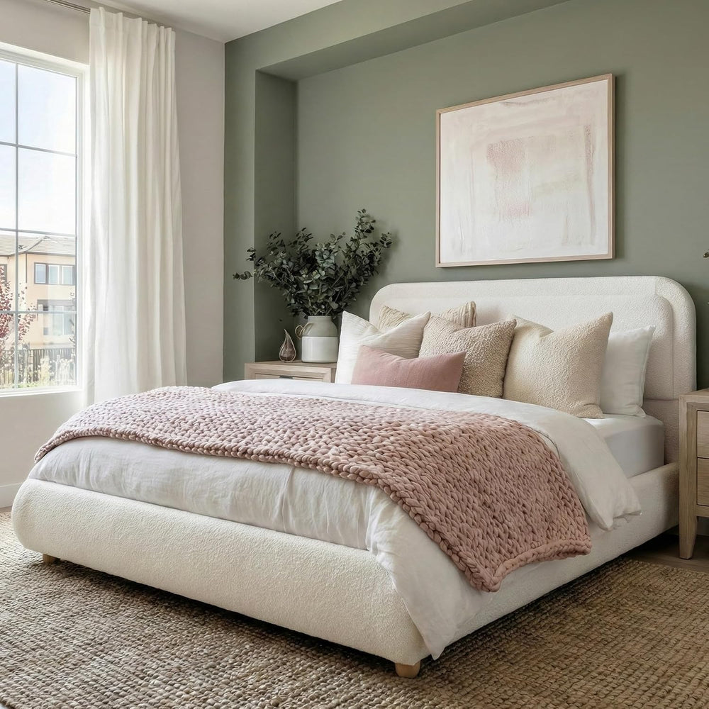 Brafab Cloud Queen Size Bed Frame with Headboard, Solid Wood Legs, Beige
