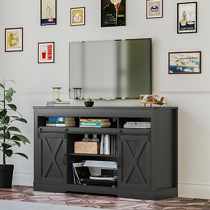 Farmhouse TV Stand with Sliding Barn Door for TVs up to 65+ Inch, 34" Tall Entertainment Center, Wood Media Console Storage Cabinet for Bedroom, Living Room, Black