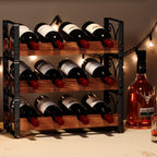 X-cosrack Wine Rack Countertop, 3-Tier 12 Bottles Small Wine Rack Stackable for Inside Cabinet, Solid Wood & Wrought Iron Wine Bottle Holder, Wine Storage Shelf for Kitchen Bar Dining Room