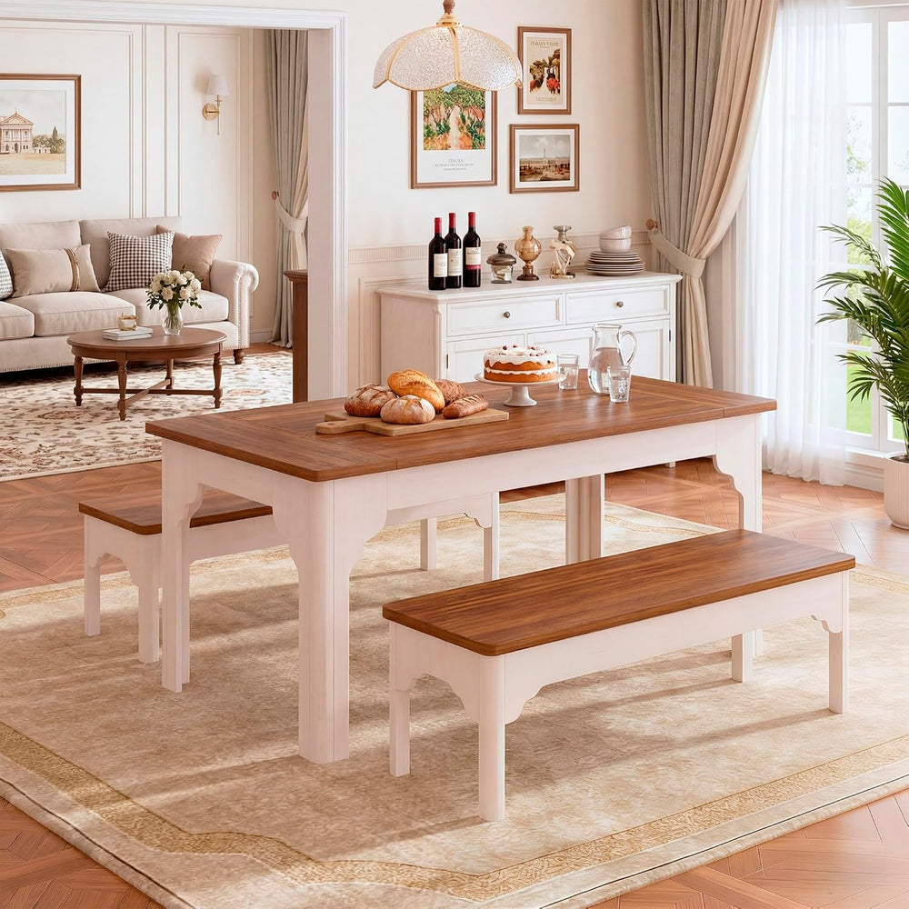 HUAHUU 63" Farmhouse Dining Table Set for 4-6, Kitchen Table with 2 Benc...