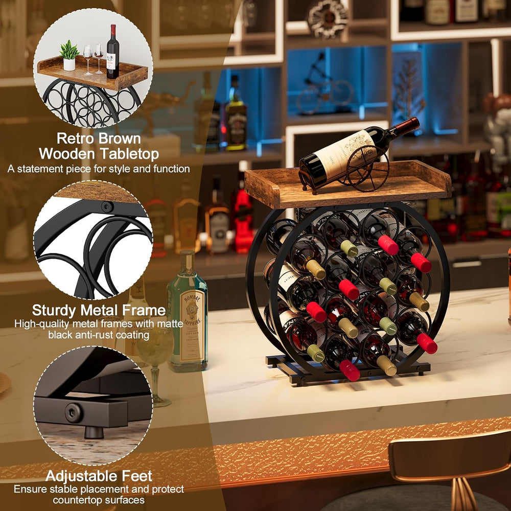 X-cosrack 14-Bottle Countertop Wine Rack with Wooden Tabletop, Freestanding R...